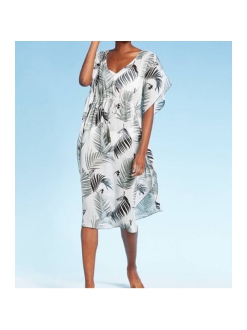 Kona Sol Sheer Kaftan  Beach Cover-up Tropical Palm Leaf Print Midi Resort Sz S